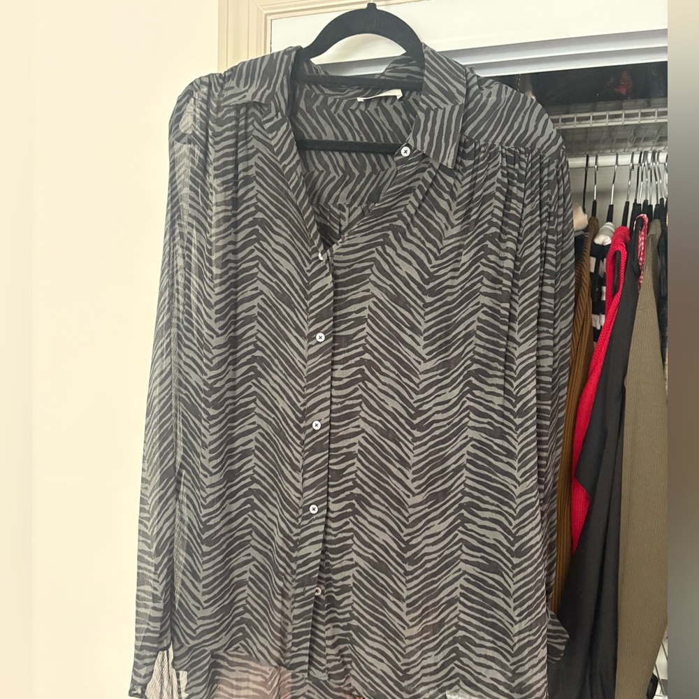 Anine Bing. Sheer Zebra-Print Button-Front Blouse - Black/Grey